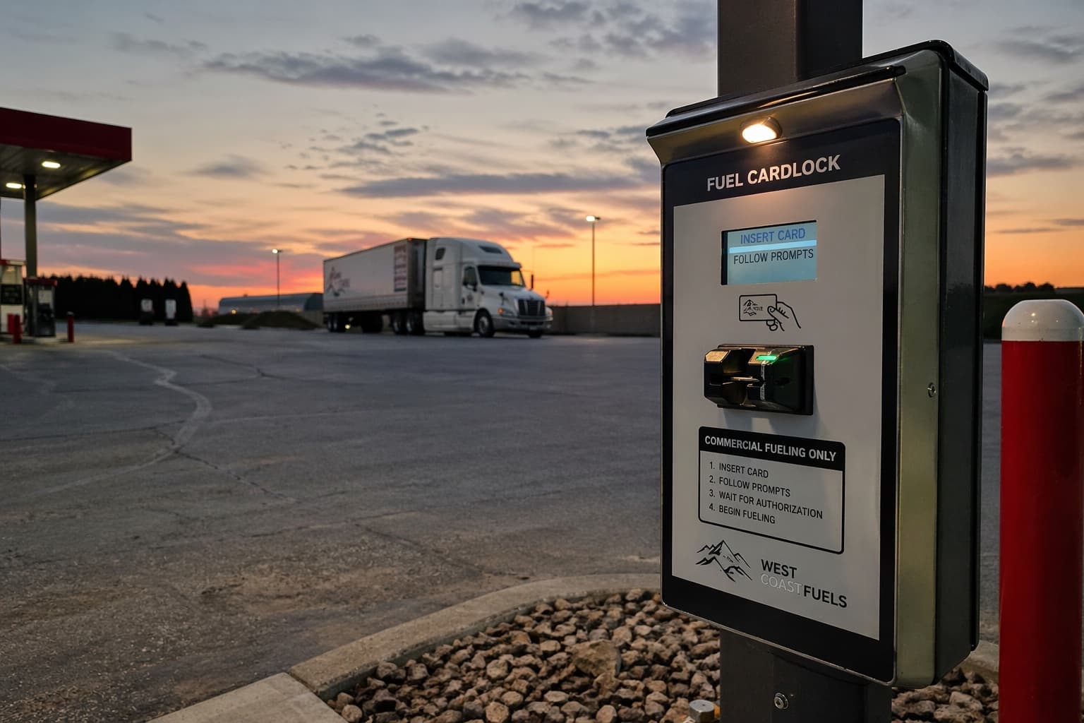 Commercial cardlock fuel site at dusk
